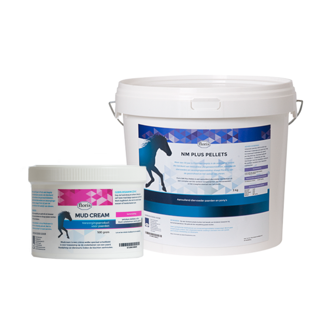 Herfst Duo van Floris Pharma met NM Plus Pellets 3 kg en Mud Cream 500 g.